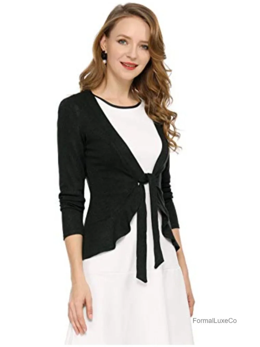 Tie Front Ruffle Long Sleeve Cardigan Women Dressy Knit Open Front